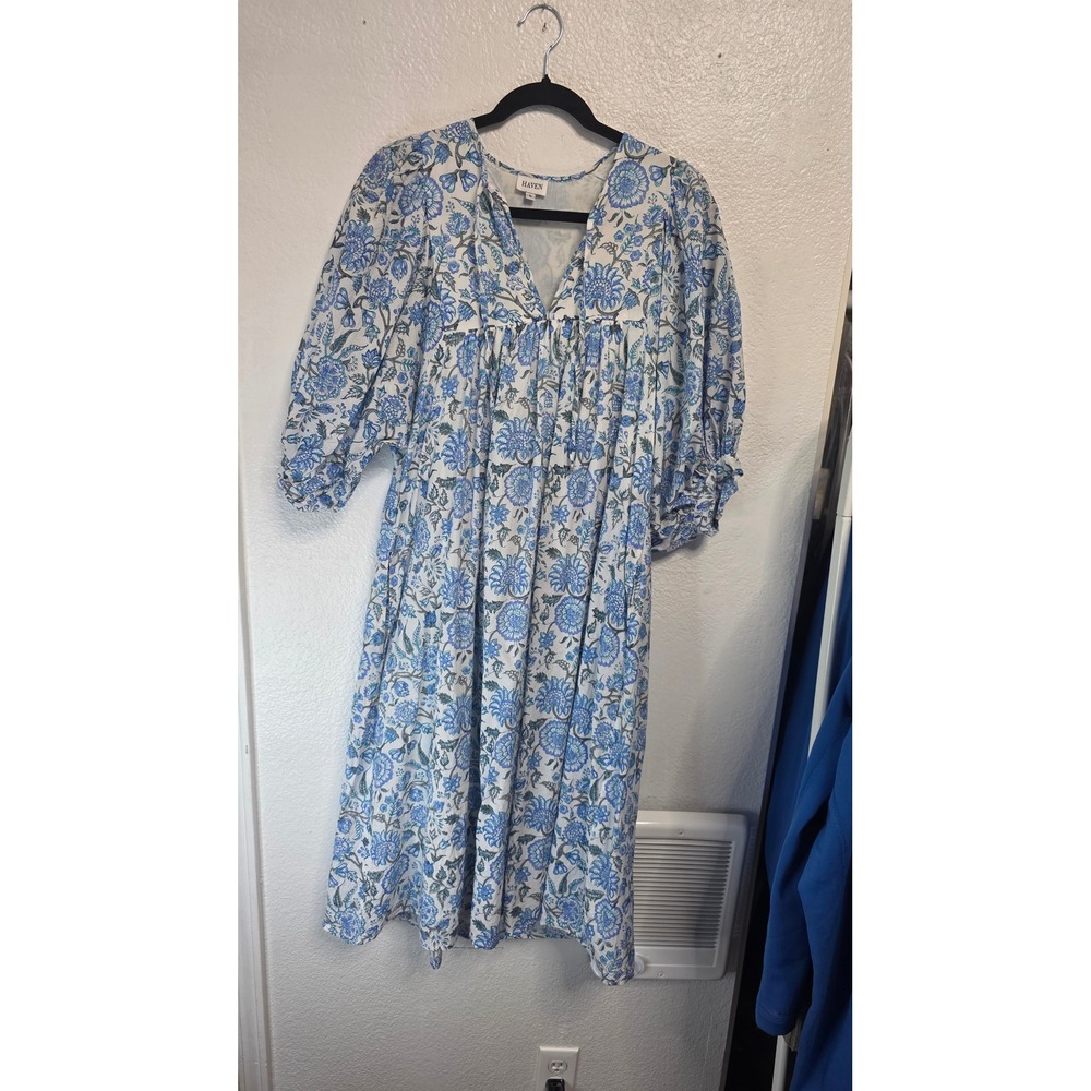 Haven Floral Midi Dress Womens Small Blue White Excellent